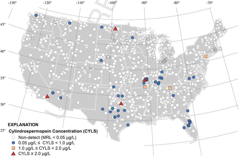  This maps show all of the lakes tested and those in which samples contained cylindrospermopsin toxins. Credit: usgs.gov 